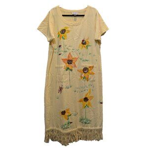 Vtg Shane Lee‎ Inc Painted Sunflower Shift Dress Yellow Lg